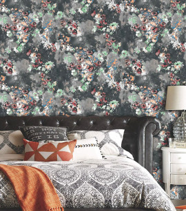 PÁG. 01 - Papel de Parede Floral Cinza Brilho - Coleção Casa - Vinílico Importado