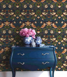 PÁG. 01 - Papel de Parede Floral, Folhas e Pássaros Azul Escuro e Caramelo - Coleção Infinity G - Vinílico Importado