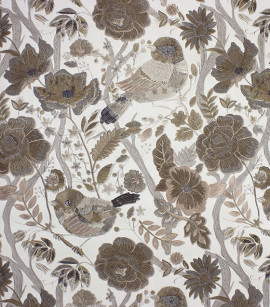 PÁG. 12 - Papel de Parede Flores e Pássaros Marrom, Bronze e Cinza com Brilho - Coleção Entre Linhas - Vinílico Importado