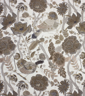 PÁG. 12 - Papel de Parede Flores e Pássaros Marrom, Bronze e Cinza com Brilho - Coleção Entre Linhas - Vinílico Importado