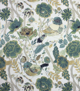 PÁG. 01 - Papel de Parede Flores e Pássaros Verde, Prata Velho e Dourado Brilho - Coleção Entre Linhas - Vinílico Importado