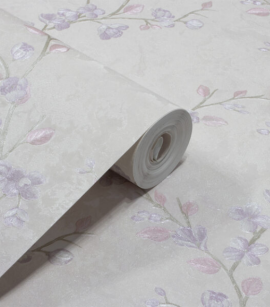 PÁG.  - Papel de Parede Floral Rosa com Lilás com Brilho - Coleção Valence - Vinílico Importado