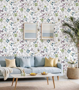PÁG. 59 - Papel de Parede Floral Verde, Azul e Lilás - Coleção Valence - Vinilizado Importado