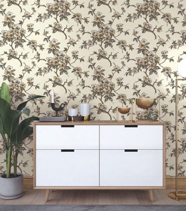 PÁG. 32 - Papel de Parede Floral Vintage Bege e Cinza com Brilho - Coleção Seven - Vinílico Importado