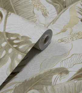 PÁG.  - Papel de Parede Flores e Folhas Bege e Dourado Brilho - Coleção Valence - Vinilico Importado