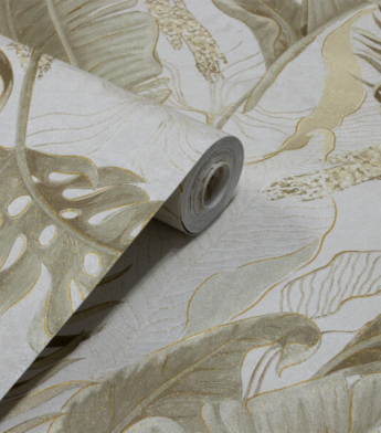 PÁG.  - Papel de Parede Flores e Folhas Bege e Dourado Brilho - Coleção Valence - Vinilico Importado