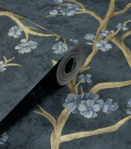 PÁG.  - Papel de Parede Flores e Galhos Azul e Dourado Brilho - Coleção Valence - Vinilico Importado