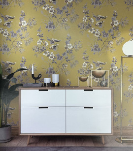 PÁG. 26 - Papel de Parede Flores e Pássaros Amarelo, Off-White e Cinza - Coleção Summer - Vinílico Importado