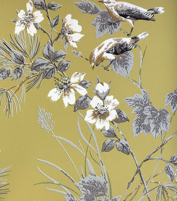 PÁG. 26 - Papel de Parede Flores e Pássaros Amarelo, Off-White e Cinza - Coleção Summer - Vinílico Importado