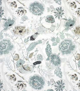 PÁG. 22 - Papel de Parede Flores e Pássaros Azul, Bege e Prata com Brilho - Coleção Entre Linhas - Vinílico Importado