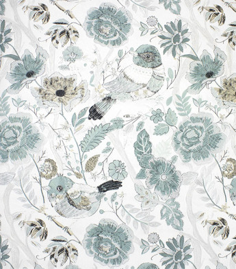 PÁG. 22 - Papel de Parede Flores e Pássaros Azul, Bege e Prata com Brilho - Coleção Entre Linhas - Vinílico Importado