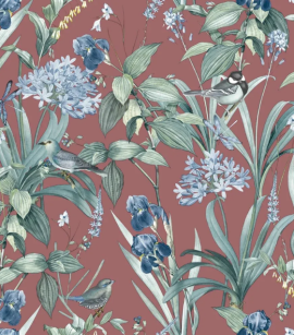PÁG. - Papel de Parede Flores e Pássaros Vinho e Verde - Coleção Le Jardin - Vinílico Importado