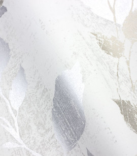PÁG. 36 - Papel de Parede Folhagem Off-White, Prata e Champanhe Brilho - Coleção Entre Linhas - Vinílico Importado