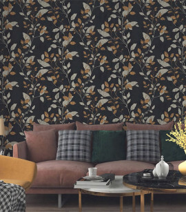 PÁG. 35 - Papel de Parede Folhagem Preto, Cobre e Champanhe Brilho - Coleção Entre Linhas - Vinílico Importado