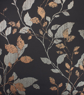 PÁG. 35 - Papel de Parede Folhagem Preto, Cobre e Champanhe Brilho - Coleção Entre Linhas - Vinílico Importado