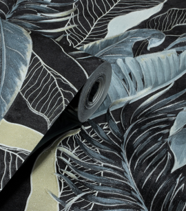 PÁG. 21 - Papel de Parede Folhagem Preto e Cinza com Brilho - Coleção Valence - Vinilico Importado