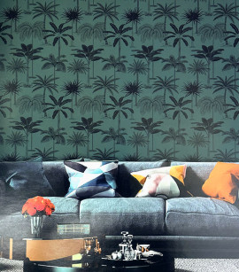 PÁG. 23 - Papel de Parede Folhagem Tropical Verde e Cinza Chumbo - Coleção Summer - Vinílico Importado