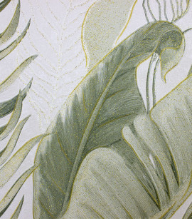PÁG. 17 - Papel de Parede Folhagem Verde, Off-White e Dourado Brilho - Coleção Valence - Vinílico Importado