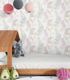 Papel de Parede Folhagem Verde e Rosa Claro com Brilho Dourado - Coleção Sonhos Bobinex - Vinílico Importado