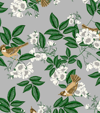 PÁG. 01 - Papel de Parede Folhas e Pássaros Verde e Cinza - Coleção Contemporâneo Bobinex - Vinílico Importado