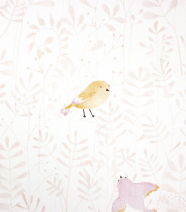 PÁG. 51 - Papel de Parede Folhas e Pássaros Rosa e Bege - Coleção Mundo - Vinílico Importado