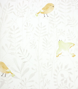 PÁG. 48 - Papel de Parede Folhas e Pássaros Verde, Laranja e Cinza - Coleção Mundo - Vinílico Importado