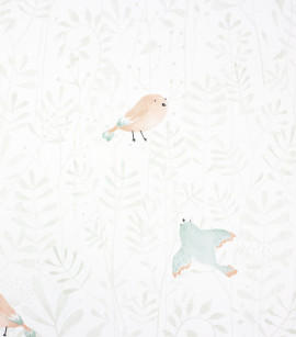 PÁG. 42 - Papel de Parede Folhas e Pássaros Verde Menta e Rosa - Coleção Mundo - Vinílico Importado