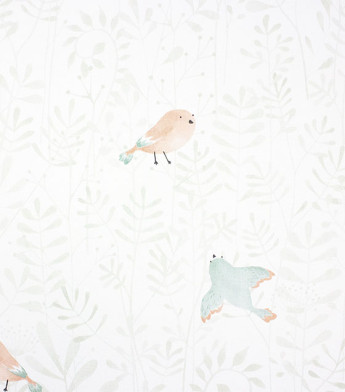 PÁG. 42 - Papel de Parede Folhas e Pássaros Verde Menta e Rosa - Coleção Mundo - Vinílico Importado