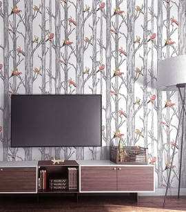 PÁG. 20 - Papel de Parede Galhos e Pássaros Cinza, Rosa e Bege - Coleção Summer - Vinílico Importado
