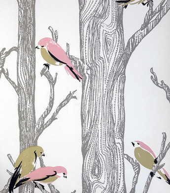 PÁG. 20 - Papel de Parede Galhos e Pássaros Cinza, Rosa e Bege - Coleção Summer - Vinílico Importado