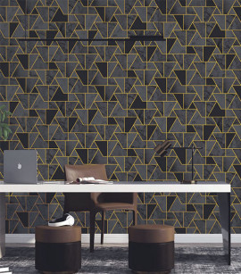 PÁG. 24 - Papel de Parede Geométrico Cinza, Preto e Dourado Brilho - Coleção Seven - Vinílico Importado