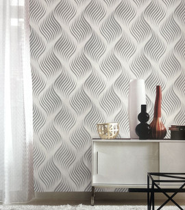 PÁG. 10 - Papel de Parede Geométrico Ondas Off-White Brilho Prata - Coleção Summer - Vinílico Importado