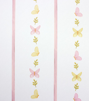 PÁG. 28 - Papel de Parede Listras e Borboletas Rosa e Amarelo - Coleção Bambine - Vinílico Importado