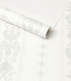 PÁG. 46 - Papel de Parede Listras Coloniais - Coleção Trinity - Lavável (Cinza/ Off-White/ Com Brilho)