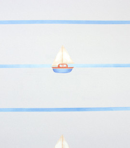 PÁG. 02 - Papel de Parede Listras Horizontais e Barquinhos Tons de Azul - Coleção Bambine - Vinílico Importado