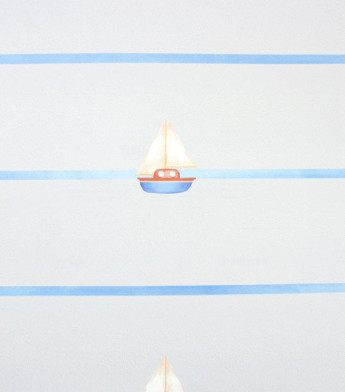 PÁG. 02 - Papel de Parede Listras Horizontais e Barquinhos Tons de Azul - Coleção Bambine - Vinílico Importado