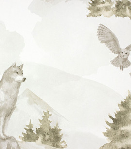 PÁG. 61 - Papel de Parede Lobo e Floresta Cinza e Bege - Coleção Mundo - Vinílico Importado