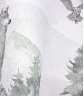 PÁG. 37 - Papel de Parede Lobo e Floresta Cinza e Verde - Coleção Mundo - Vinílico Importado