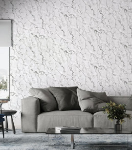 PÁG. 35 - Papel de Parede Mármore Off-White e Cinza Leve Brilho - Coleção Essencial Bobinex - Vinílico Importado