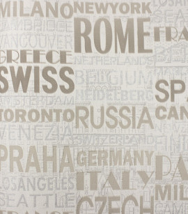 PÁG. 66 - Papel de Parede Nomes Países e Cidades Bege e Prata Brilho - Coleção Infinity G - Vinílico Importado