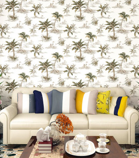 PÁG. 32 - Papel de Parede Paisagem Tropical Cinza, Off-White e Brilho Prata - Coleção Cores e Cenários - Vinílico Importado