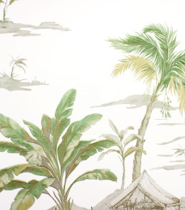 PÁG. 31 - Papel de Parede Paisagem Tropical Verde, Off-White e Brilho Dourado - Coleção Cores e Cenários - Vinílico Importado