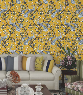 PÁG. 41 - Papel de Parede Pavões e Folhas Amarelo e Azul Escuro com Brilho - Coleção Infinity G - Vinílico Importado