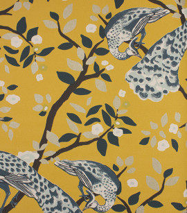PÁG. 41 - Papel de Parede Pavões e Folhas Amarelo e Azul Escuro com Brilho - Coleção Infinity G - Vinílico Importado