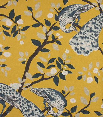 PÁG. 41 - Papel de Parede Pavões e Folhas Amarelo e Azul Escuro com Brilho - Coleção Infinity G - Vinílico Importado