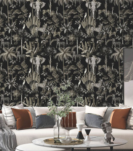 PÁG. 26 - Papel de Parede Safari Tropical Preto, Bege e Cinza - Coleção Cores e Cenários - Vinílico Importado