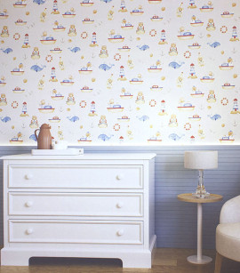 PÁG. 01 - Papel de Parede Ursinho Marinheiro Azul e Bege - Coleção Bambine - Vinílico Importado