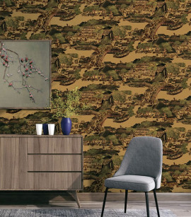 PÁG. 43 - Papel de Parede Vilarejo Oriental Dourado com Brilho - Coleção Infinity G - Vinílico Importado